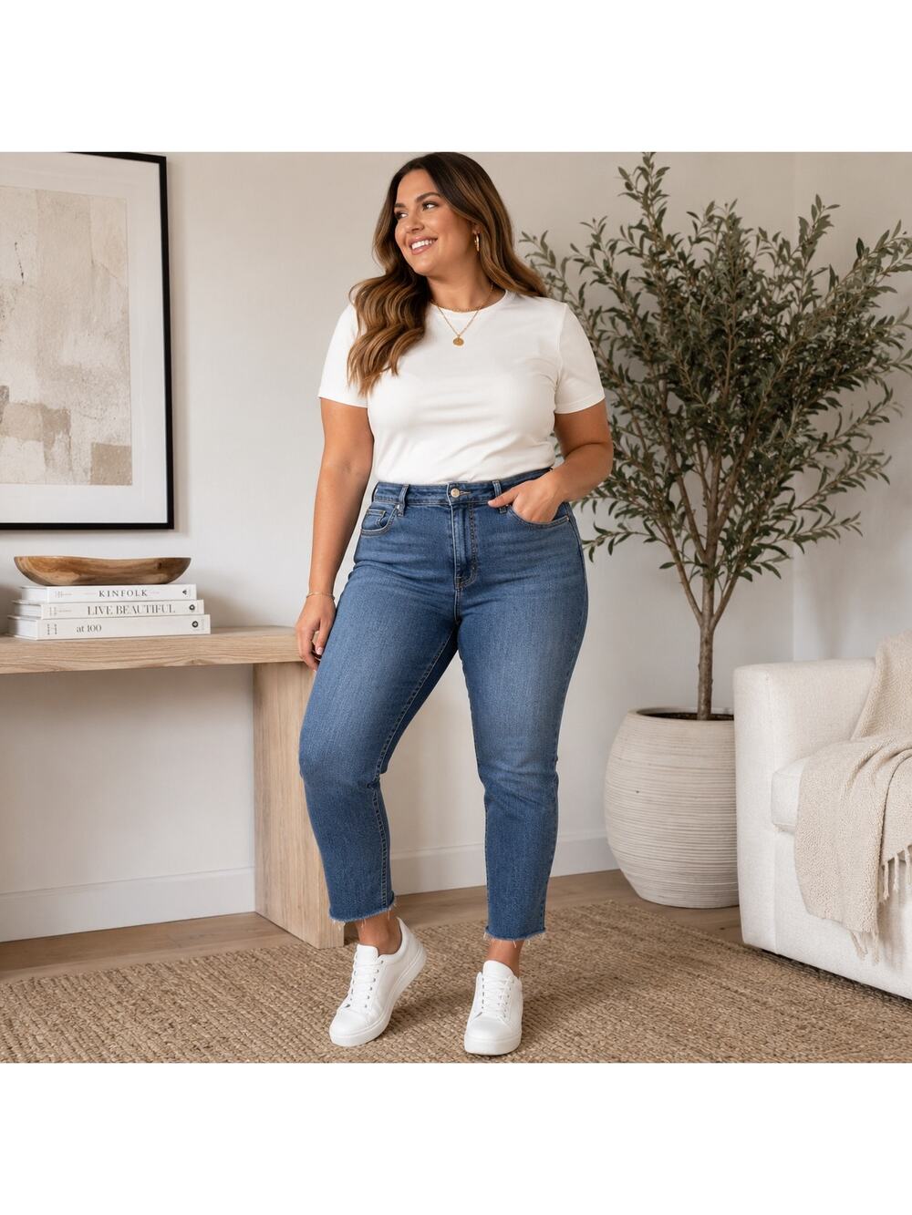 Good American Mid-Blue Ankle Crop Jeans